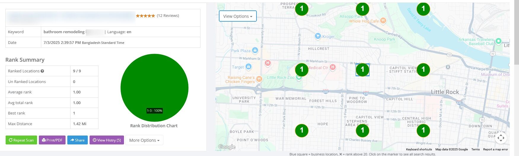 Full service area coverage scan — 100% green grid